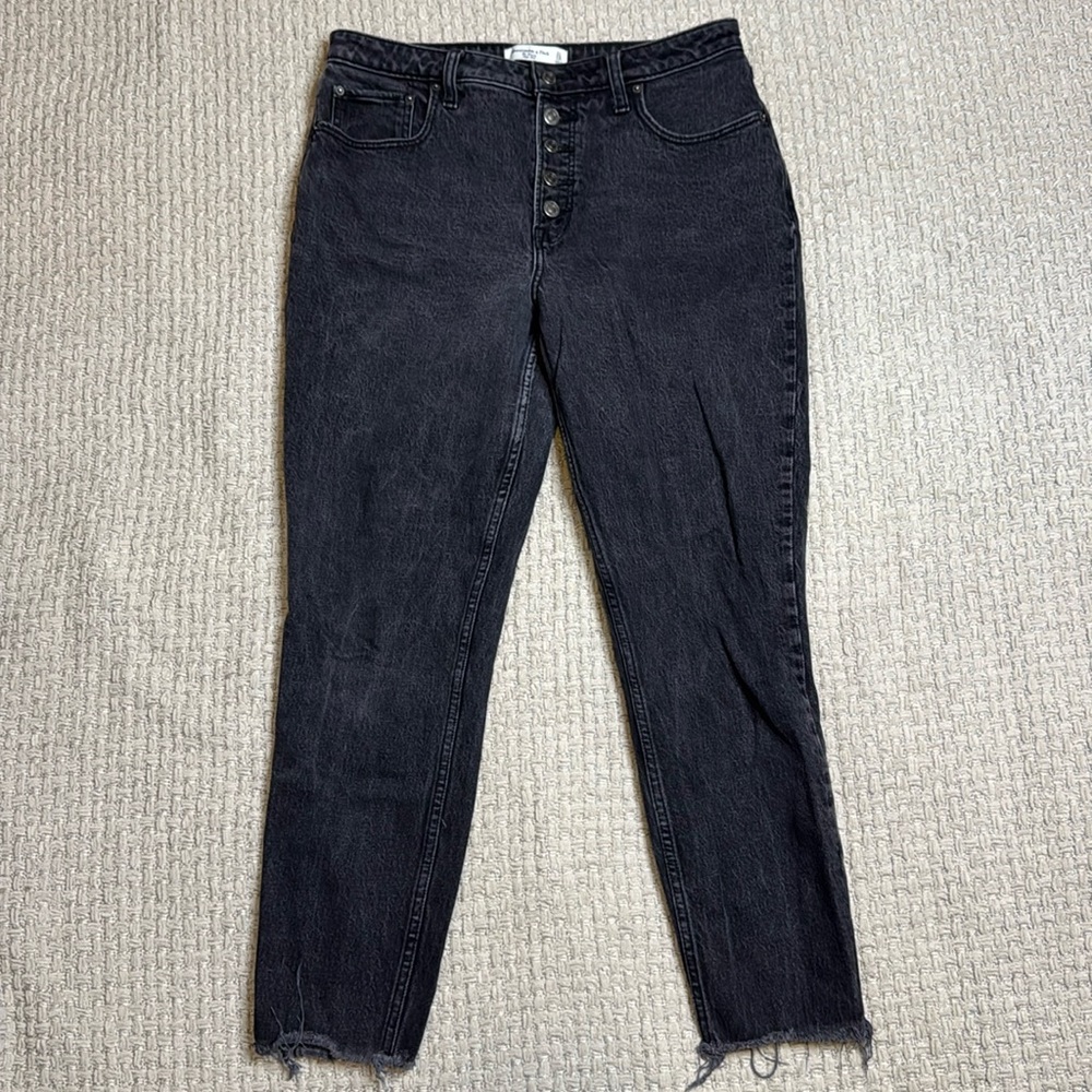 Abercrombie and Fitch the skinny high-rise curve jeans with distressed bottoms